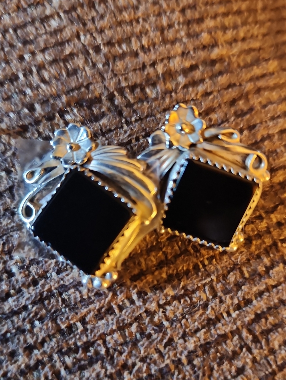 Elegant Black Onyx Floral Sterling Silver Earrings